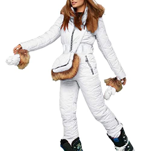 Skianzug Damen Einteiler Damen Skianzug Schneeanzug Lässig Skioverall Frauen Einteiler Skisuit Wasserdicht Skioverall Wasserdicht Ski Suit Skisuit mit Kaputze Reißverschluss Jumpsuit (White-e, L) von Allegorly