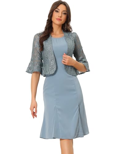 Allegra K Damen 2-Teiliges Kleider Set Glitzer Spitze Halber Ärmel Crop Cardigan Bolero mit Ärmellos Hochzeit Party Midikleid Grau Blau M Allegra K Damen 2-Teiliges Kleider Set Glitzer Spitze Halber Ärmel Crop Cardigan Bolero mit Ärmellos Hochzeit Party Midikleid Grau Blau M von Allegra K