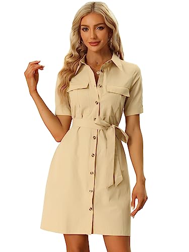 Allegra K Damen 2023 Sommer Safari Kleid Kragen Knopfleiste Baumwolle Gürtel Shirtdress, Khaki, Mittel von Allegra K
