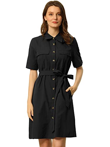 Allegra K Damen 2023 Sommer Safari Kleid Kragen Knopfleiste Baumwolle Gürtel Shirtdress, Schwarz, Mittel von Allegra K