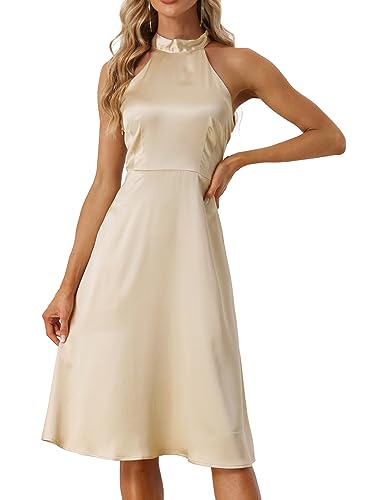 Allegra K Damen Etuikleid Ärmellos Neckholder Satin Midikleid Seitlicher Reißverschluss Hohe Taille Elegant Party Cocktail Kleid Champagner L von Allegra K