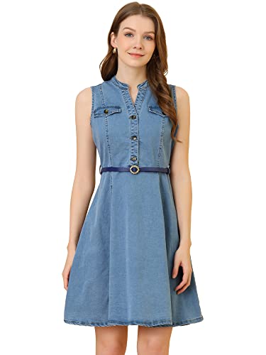 Allegra K Damen Jeanskleid Ärmellos Henley V-Ausschnitt Gürtel Denim Minikleid Kleid Blau S von Allegra K