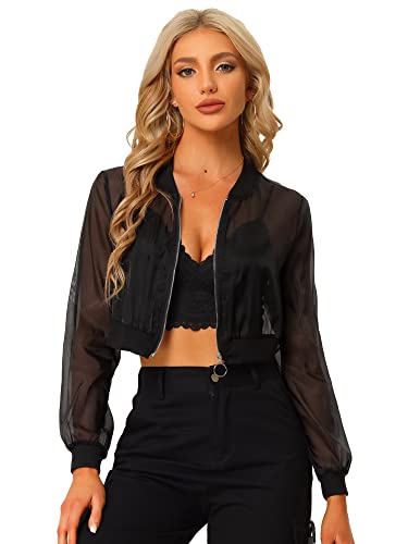 Allegra K Damen Bomberjacke Langarm Crop Bomber Lässig Reißverschluss Mesh Durchsichtig Jacke Schwarz XS von Allegra K