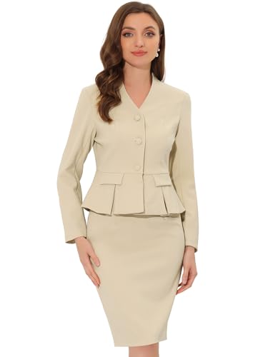 Allegra K Damen Business 2-teiliges Anzug Set V-Ausschnitt Schößchen Blazer mit Bleistiftrock Aprikose L von Allegra K