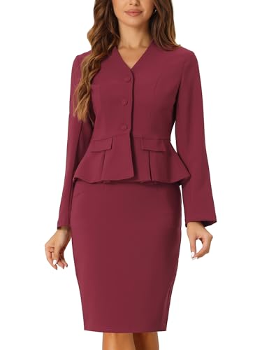 Allegra K Damen Business 2-teiliges Anzug Set V-Ausschnitt Schößchen Blazer mit Bleistiftrock Pfauenblau XS von Allegra K