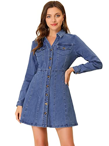 Allegra K Damen Jeanskleid Button-Down-Kragen V-Ausschnitt Langarm A-Linie Baumwolle Jeanskleid, Hell, blau, Mittel von Allegra K