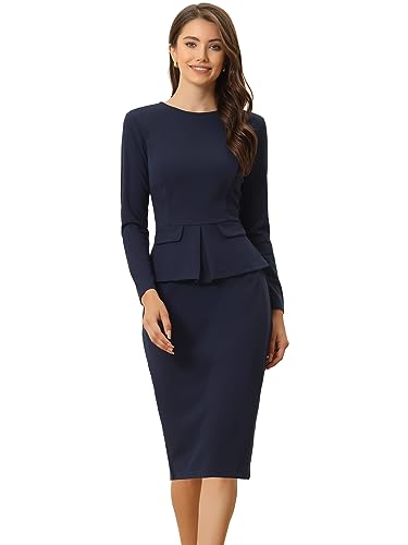 Allegra K Damen Kleid Elegant Figurbetont Bleistiftkleid Rundhalsausschnitt Schößchen Arbeit Knielang Etuikleid Marineblau S von Allegra K