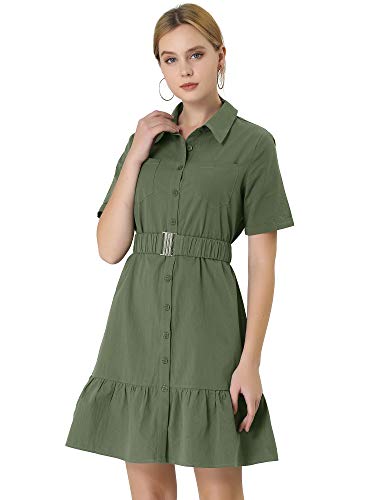 Allegra K Damen Frauen Gürtel Gürtel gekräuselt Saum Button-Down Baumwolle Safari Shirt Kleid Minzgrün XS von Allegra K