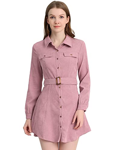 Allegra K Damen Hemdkleid aus Cord, Safari, spitzer Kragen, mit Gürtel, Knopfleiste, rosa - dusty pink, Mittel von Allegra K