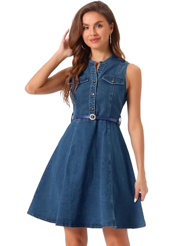 Allegra K Damen Jeanskleid Ärmellos Henley V-Ausschnitt Gürtel Denim Minikleid Kleid Blaue M von Allegra K