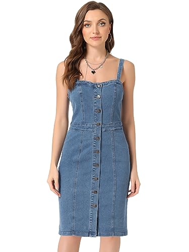 Allegra K Damen Jeanskleid Ärmellos Spaghetti Knopfleiste Herzausschnitt Minikleid Kleid Himmel Blaue XS von Allegra K