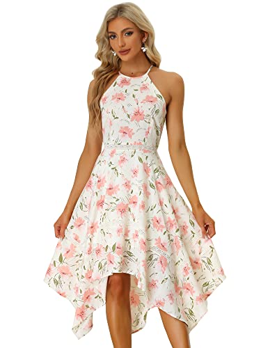 Allegra K Damen Kleid Ärmellos Blumen Sommerkleid Neckholder Unregelmäßig Minikleid Beige L von Allegra K