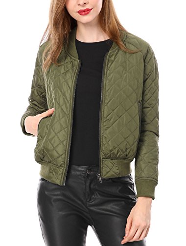 Allegra K Damen Langarm Diamond Gesteppte Jacke Reißverschluss Bomberjacke Casual Jacke Grün XL von Allegra K