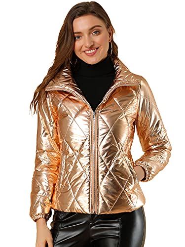 Allegra K Damen Langarm Reißverschluss Metallic Daunenjacke Jacke Gold XS von Allegra K