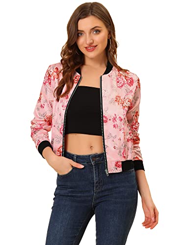 Allegra K Damen Frühling Sommer Bomberjacke Blumenmuster Reißverschluss Jacket Rosa S von Allegra K
