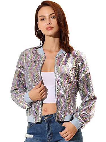 Allegra K Damen Bomberjacke Pailletten Jacke Langarm Party Club Metallic Glitzer Sequin Jacken Weißer Regenbogen L von Allegra K