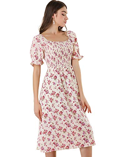 Allegra K Damen Quadratischer Ausschnitt Puffärmel Casual Midi Gesmoktes Blumenkleid, beige, 38 von Allegra K