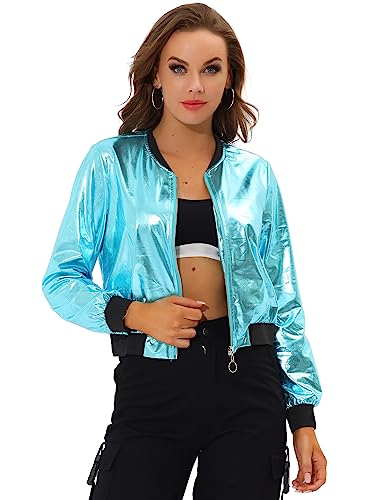 Allegra K Damen Reißverschluss Blouson Langarm Party Leicht Streifen Bomberjacke Metallic Jacke Hell Cyan XL von Allegra K