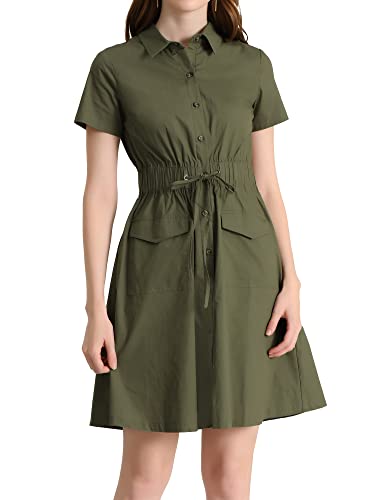 Allegra K Safari-Kleider für Damen, kurzärmelig, Baumwolle, Button-Down-Kragen, Hemdkleid, Grau / Grün, Klein von Allegra K