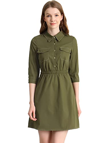Allegra K Damen Safari Kleider Halbe Knopfleiste mit Kontrastnähten 3/4 Ärmel Hemdkleid Armeegrün L von Allegra K