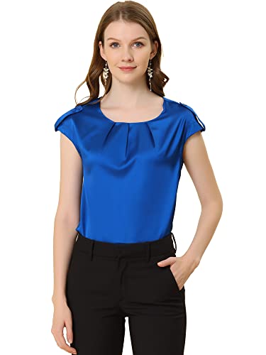 Allegra K Damen Satin Bluse Kurzarm Rundhals Flügelärmel Plissee Seide Top Shirt Arbeit Oberteil Königsblau XL von Allegra K