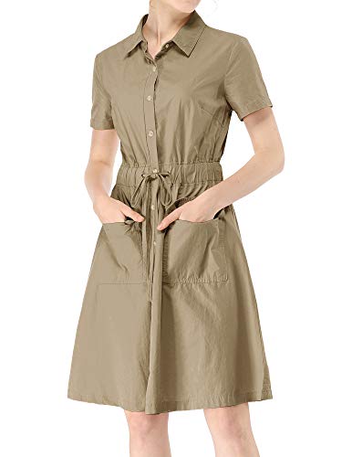 Allegra K Safari-Kleider für Damen, kurzärmelig, Baumwolle, Button-Down-Kragen, Hemdkleid, Dunkles Khaki, Klein von Allegra K