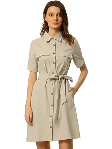 Allegra K Damen Safari-Kleid, Sommer, Baumwolle, kurzärmelig, mit Gürtel, Button-Down-Shirtkleid, beige, S Allegra K Damen Safari-Kleid, Sommer, Baumwolle, kurzärmelig, mit Gürtel, Button-Down-Shirtkleid, beige, S von Allegra K