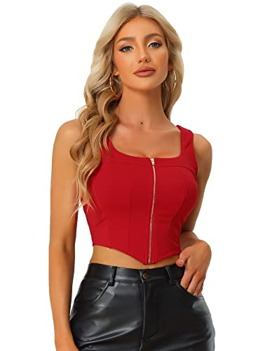 Allegra K Damen Tanktop Ärmellos Eckiger Ausschnitt Reißverschluss Cami Asymmetrisch Crop Top Rot XL von Allegra K