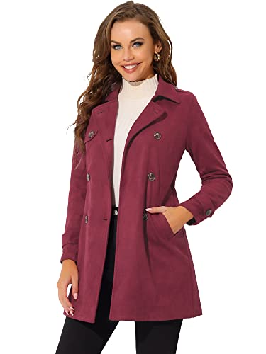 Allegra K Damen Trenchcoat Langarm Zweireiher Faux Wildleder Mantel Wintermantel Dunkel Rot L von Allegra K