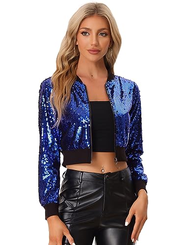 Allegra K Damen Pailletten Jacke Langarm Reißverschluss Crop Glitzer Sequin Bomberjacke Schwarz Blau M von Allegra K