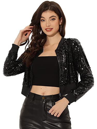 Allegra K Damen Pailletten Jacke Langarm Reißverschluss Crop Glitzer Sequin Bomberjacke Schwarz XL von Allegra K