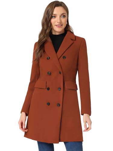 Allegra K Damen Wintermantel Elegant gekerbtes Revers Zweireihiger Trenchcoat, Rotbraun, XS von Allegra K