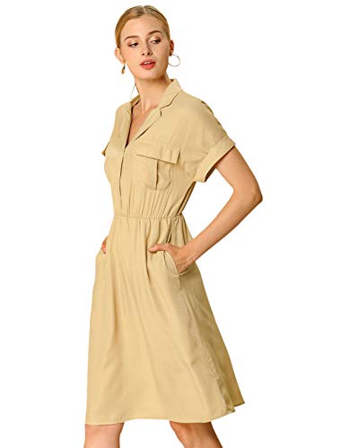 Allegra K Damen gekerbtes Revers elastische Taille Tasche A-Linie Safari Hemdkleid, Khaki, Groß von Allegra K