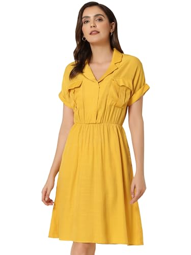Allegra K Damen gekerbtes Revers elastische Taille Tasche A-Linie Safari Hemdkleid, gelb, X-Klein Allegra K Damen gekerbtes Revers elastische Taille Tasche A-Linie Safari Hemdkleid, gelb, X-Klein von Allegra K