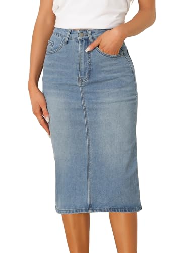 Allegra K Lässiger Jeansrock für Damen, Dehnbare Midi-Jeansröcke mit hoher Taille Hellblau XL von Allegra K