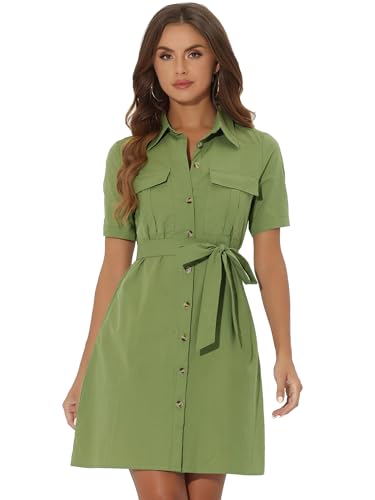 Allegra K Safari-Kleid für Damen, Sommer, Kragen, Knopfleiste, Baumwolle, Gürtel, Grün , Groß Allegra K Safari-Kleid für Damen, Sommer, Kragen, Knopfleiste, Baumwolle, Gürtel, Grün , Groß von Allegra K