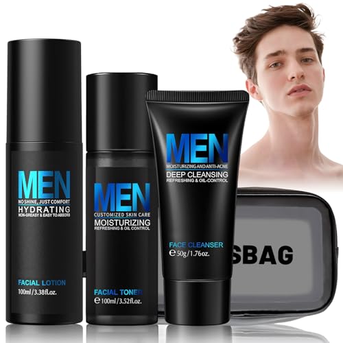 Feuchtigkeitscreme Gesicht Männer, Pflegeset Männer Skin Care Set, Gesichtscreme + Toner Gesicht + Gesichtspeeling Mann + Kosmetiktasche Durchsichtig ölkontrolle und Feuchtigkeitsversorgung Feuchtigkeitscreme Gesicht Männer, Pflegeset Männer Skin Care Set, Gesichtscreme + Toner Gesicht + Gesichtspeeling Mann + Kosmetiktasche Durchsichtig ölkontrolle und Feuchtigkeitsversorgung von AllisWay