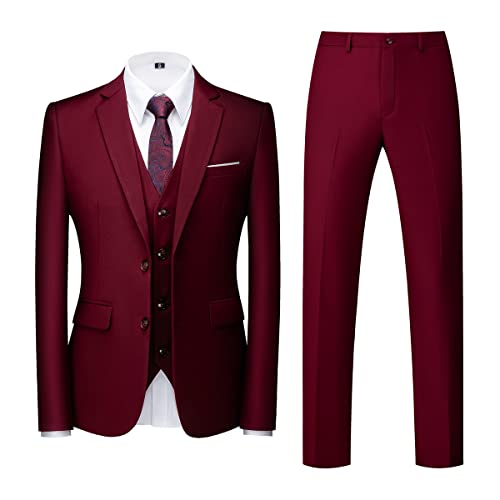 Allthemen Herren Anzug 3-teilig Slim Fit Einreihig Zwei Knöpfe Hochzeit Smoking Anzug Blazer Weste Hose Weinrot S von Allthemen