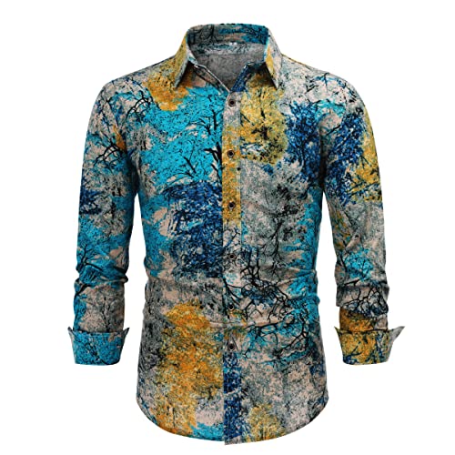 Allthemen Herren Blumen Hemden Leinen Bunte Hemd Langarmhemd Muster Paisley Freizeitshemd Langarm Casual Shirt Farbe 12 XL von Allthemen