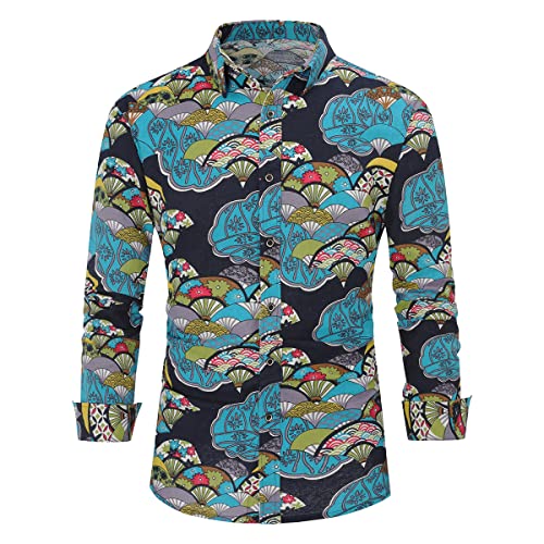 Allthemen Herren Blumen Hemden Leinen Bunte Hemd Langarmhemd Muster Paisley Freizeitshemd Langarm Casual Shirt Folding Fan 5XL von Allthemen