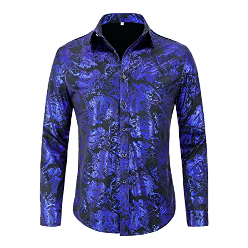 Allthemen Herren Jacquard Hemd Langarm Satin Freizeithemd Paisley Herrenhemd für Party Hochzeit Blau 3XL von Allthemen