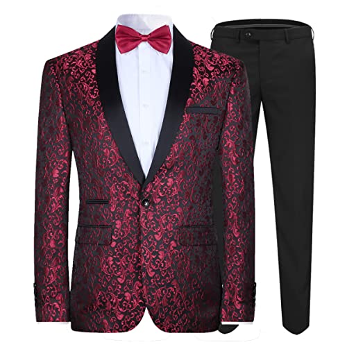 Allthemen Herren Jacquard Smoking Anzug Slim Fit 2 Teilig Anzüge für Hochzeit Party Abschluss Rot M von Allthemen