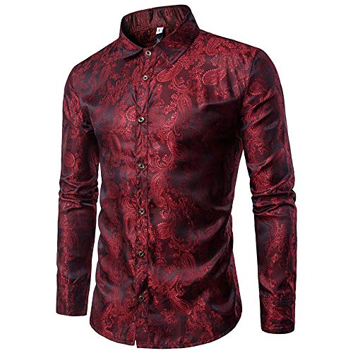 Allthemen Herren Paisley Hemd Langarm Jacquard Hemd für Männer Regular Fit Stickerei Freizeithemd Weinrot L #30 Weinrot L von Allthemen