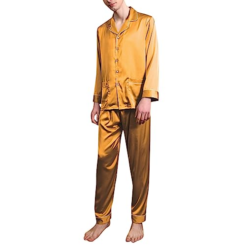 Allthemen Herren Satin Pyjama Schlafanzug Lang Hausanzüge Zweiteiliger Nachtwäsche Langarm Comfort Shirt und Pyjamahose Gelb M von Allthemen