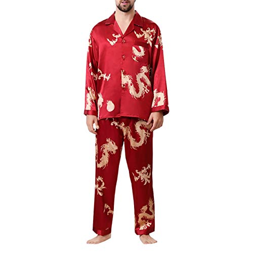 Allthemen Herren Satin Pyjama Schlafanzug Lang Hausanzug Nachtwäsche Langarm Shirt und Pyjamahose #18009 Rot M von Allthemen