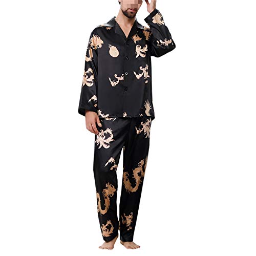 Allthemen Herren Satin Pyjama Schlafanzug Lang Hausanzug Nachtwäsche Langarm Shirt und Pyjamahose #18009 Schwarz S von Allthemen