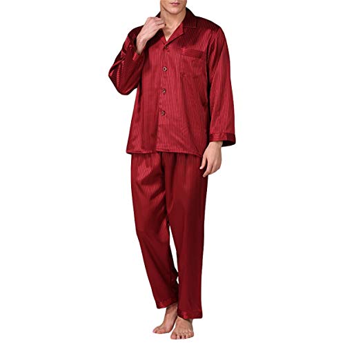 Allthemen Herren Satin Pyjama Schlafanzug Lang Hausanzug Nachtwäsche Langarm Shirt und Pyjamahose #89001 Rot XXL von Allthemen