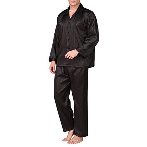 Allthemen Herren Satin Pyjama Schlafanzug Lang Hausanzug Nachtwäsche Langarm Shirt und Pyjamahose #89001 Schwarz S von Allthemen