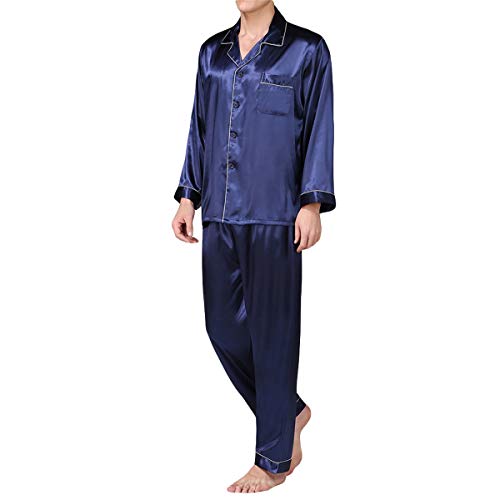 Allthemen Herren Satin Pyjama Schlafanzug Lang Hausanzug Nachtwäsche Langarm Shirt und Pyjamahose #89002 Blau1 M von Allthemen