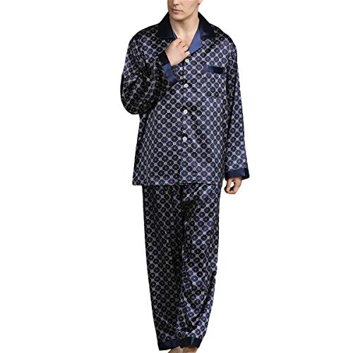Allthemen Herren Satin Pyjama Schlafanzug Lang Hausanzug Nachtwäsche Langarm Shirt und Pyjamahose #89008 Blau L von Allthemen